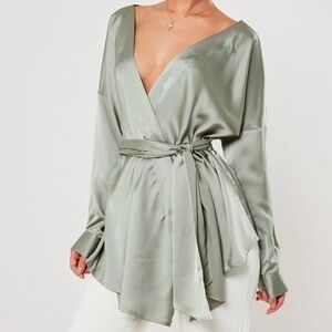 MISSGUIDED oversized plunge tie waist blouse